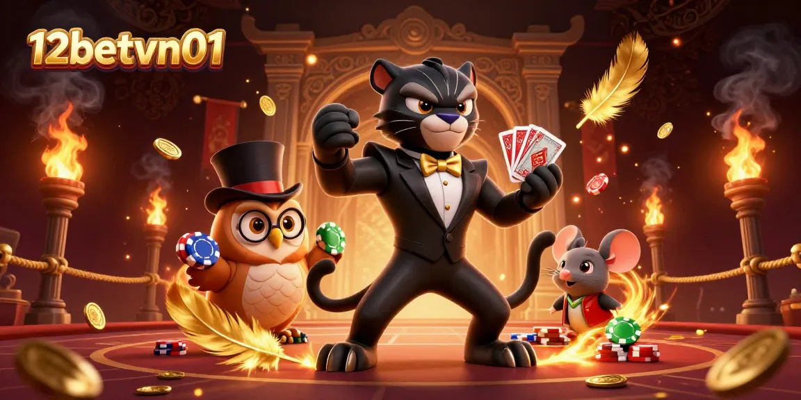 Engaging scene featuring 12betvn01's stylish panther dealer, owl with poker chips, and lucky mouse amongst dynamic casino elements.