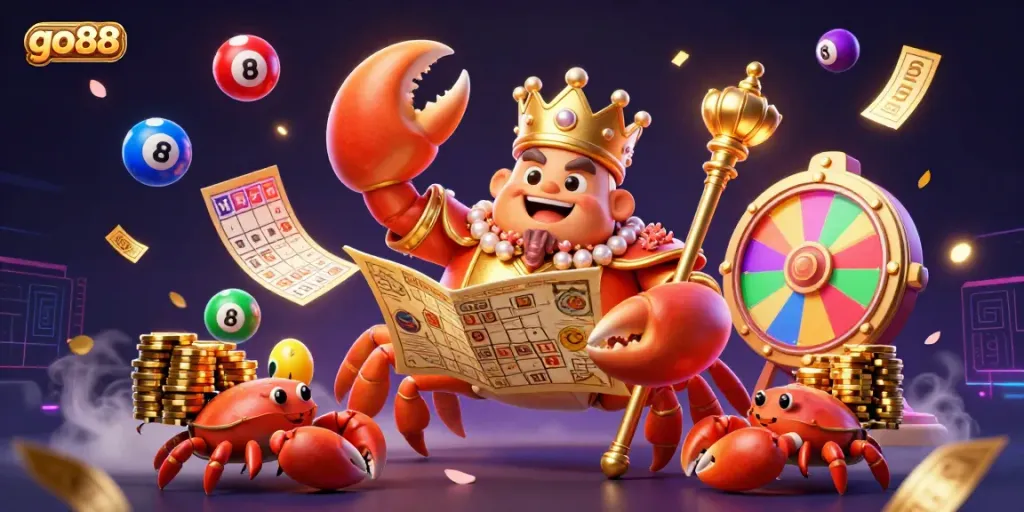 Experience the dynamic excitement of go88 with a vibrant underwater casino scene featuring a golden crab and lottery elements.