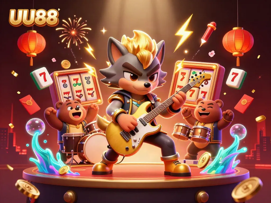 Experience exhilarating entertainment with UU88's vibrant gaming scene featuring bold characters and dynamic casino elements.
