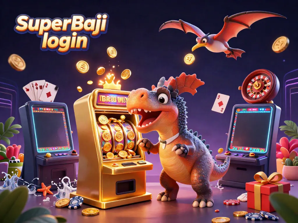 Experience SuperBaji login with a cartoon dinosaur and casino excitement in this vibrant illustration.