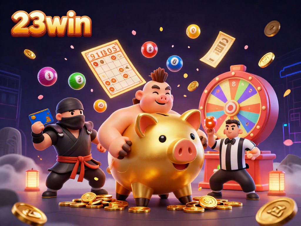 Experience the excitement of 23win with a dynamic casino scene featuring a golden piggy bank and thrilling game elements.