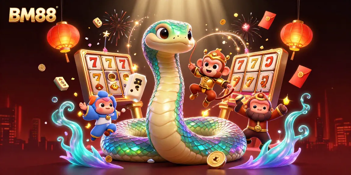 Engage with the vibrant BM88 casino scene featuring playful characters and dynamic gaming elements.