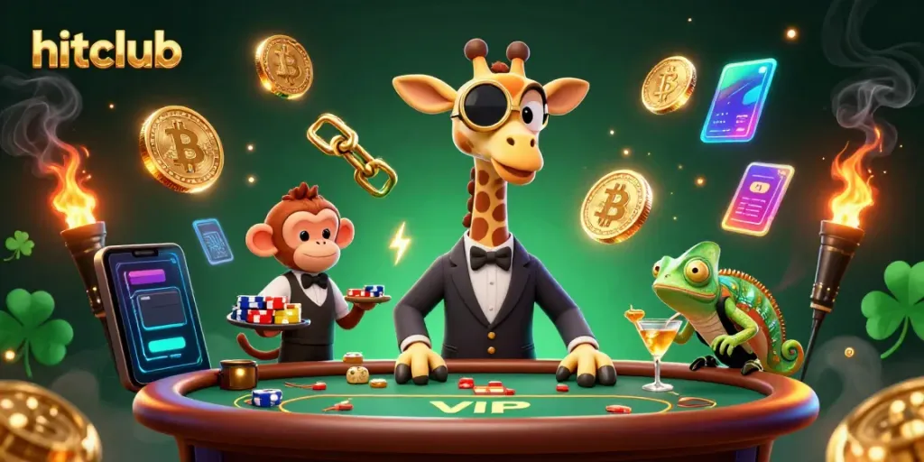 Engage in thrilling games at hitclub with a high-roller giraffe and vibrant casino elements.