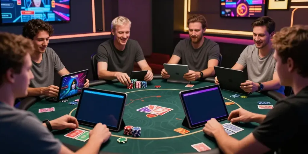 Exciting Totobet online gambling scene with diverse players gaming on tablets and smartphones.