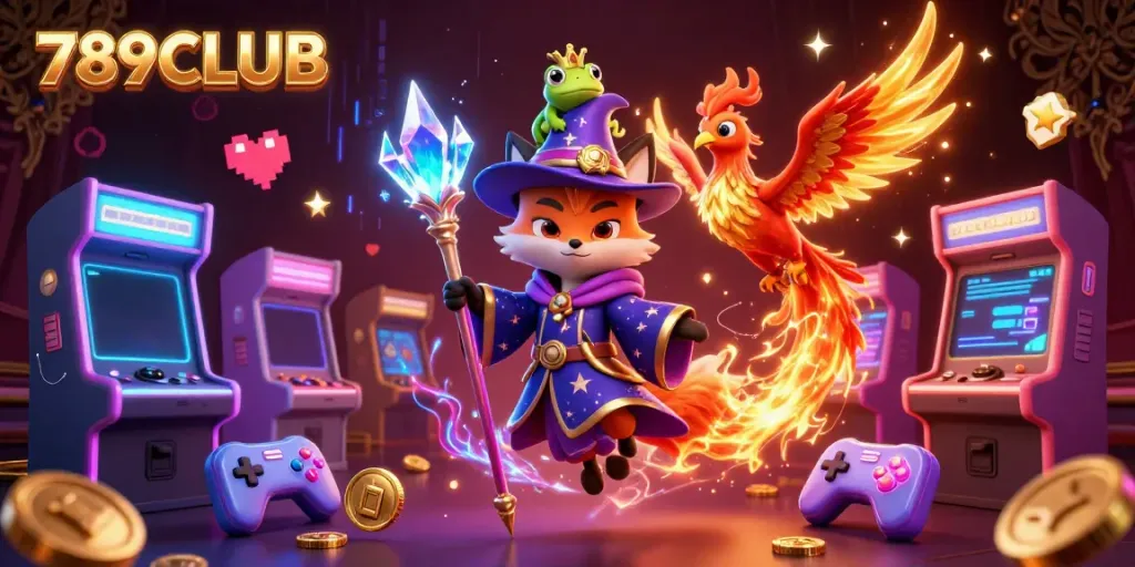 Experience the magic of 789CLUB with a mystical wizard fox, phoenix, and vibrant game elements.