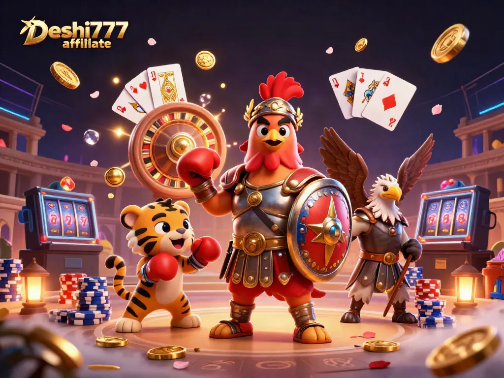 Experience the excitement of the Deshi777 affiliate program with a captivating scene of casino elements and characters.