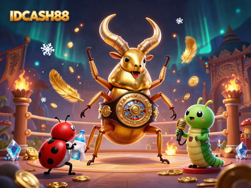Experience the thrilling action at IDCASH88 featuring a glowing stag beetle champion in a dynamic casino scene.