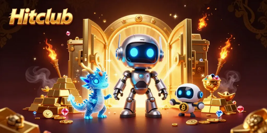 Experience the thrill at Hitclub with a cyberpunk robot, AI dragon, and drone, surrounded by dazzling casino treasures.