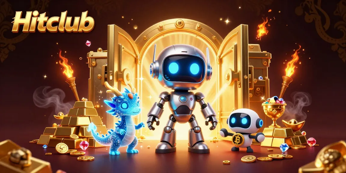 Experience the thrill at Hitclub with a cyberpunk robot, AI dragon, and drone, surrounded by dazzling casino treasures.