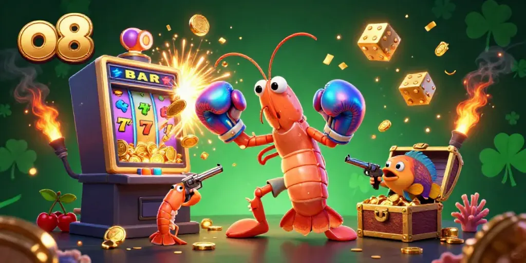 Engage with thrilling jackpot action at o8 with vibrant 3D shrimp characters and casino elements.