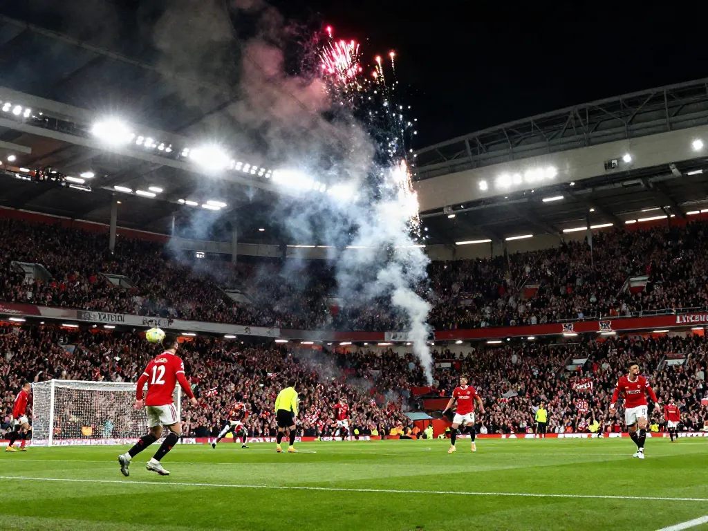 Exciting moment during Manchester United vs. Liverpool match with fans cheering wildly.