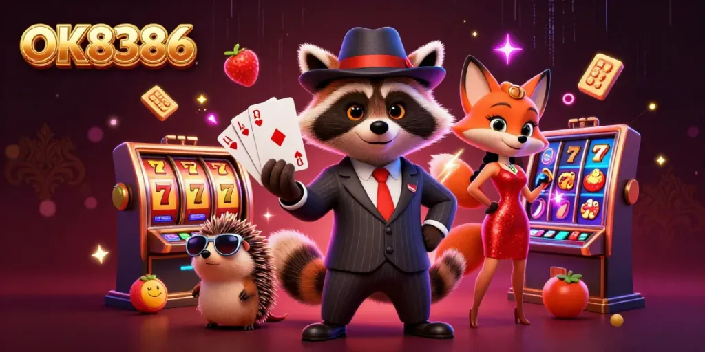 Engaging scene with OK8386 characters enjoying a vibrant casino experience, showcasing excitement with casino elements.