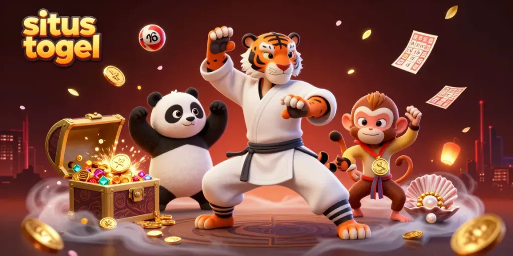 Engage with situs togel visuals of a kung fu tiger, panda, and monkey creating a vibrant lottery scene.