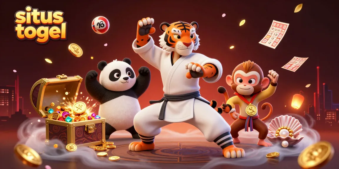 Engage with situs togel visuals of a kung fu tiger, panda, and monkey creating a vibrant lottery scene.