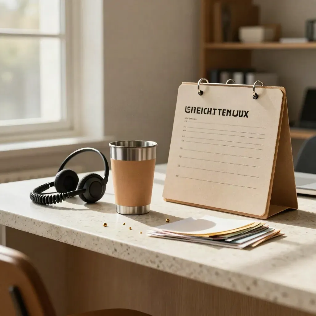 Sunlit candidate sourcing tools on a stone counter with headset, mug, and contact board.