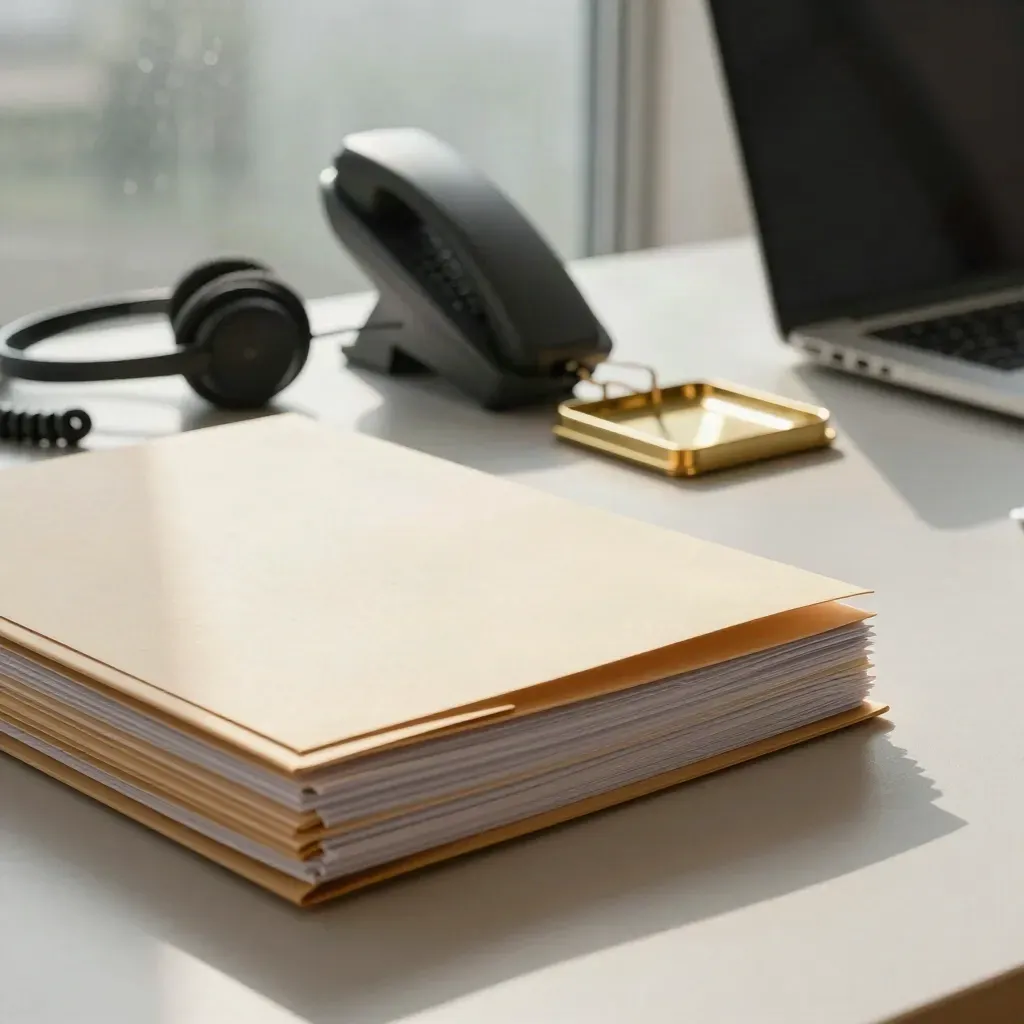 Recruiter tools on warm oak with folders, headset, phone cradle and brass tray in morning light