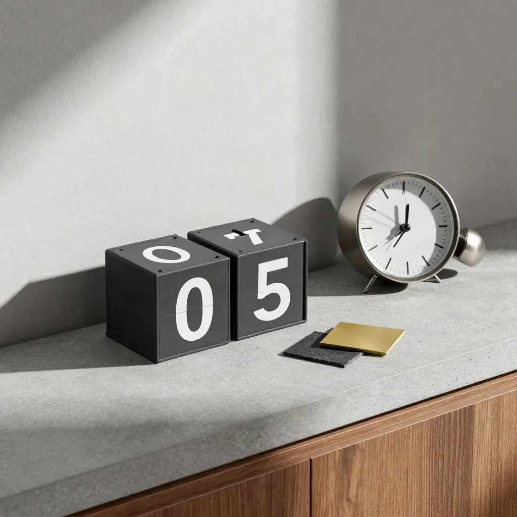 Calendar cubes, clock, handset and reminder tokens in a clean interview scheduling still life.