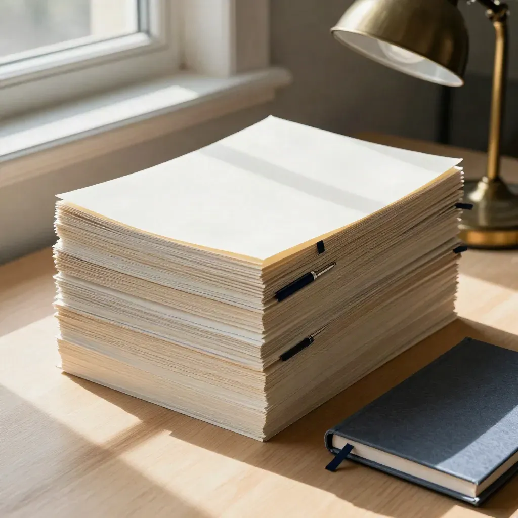Top-down resume screening stack with clips, lamp base and closed notebook on pale oak.