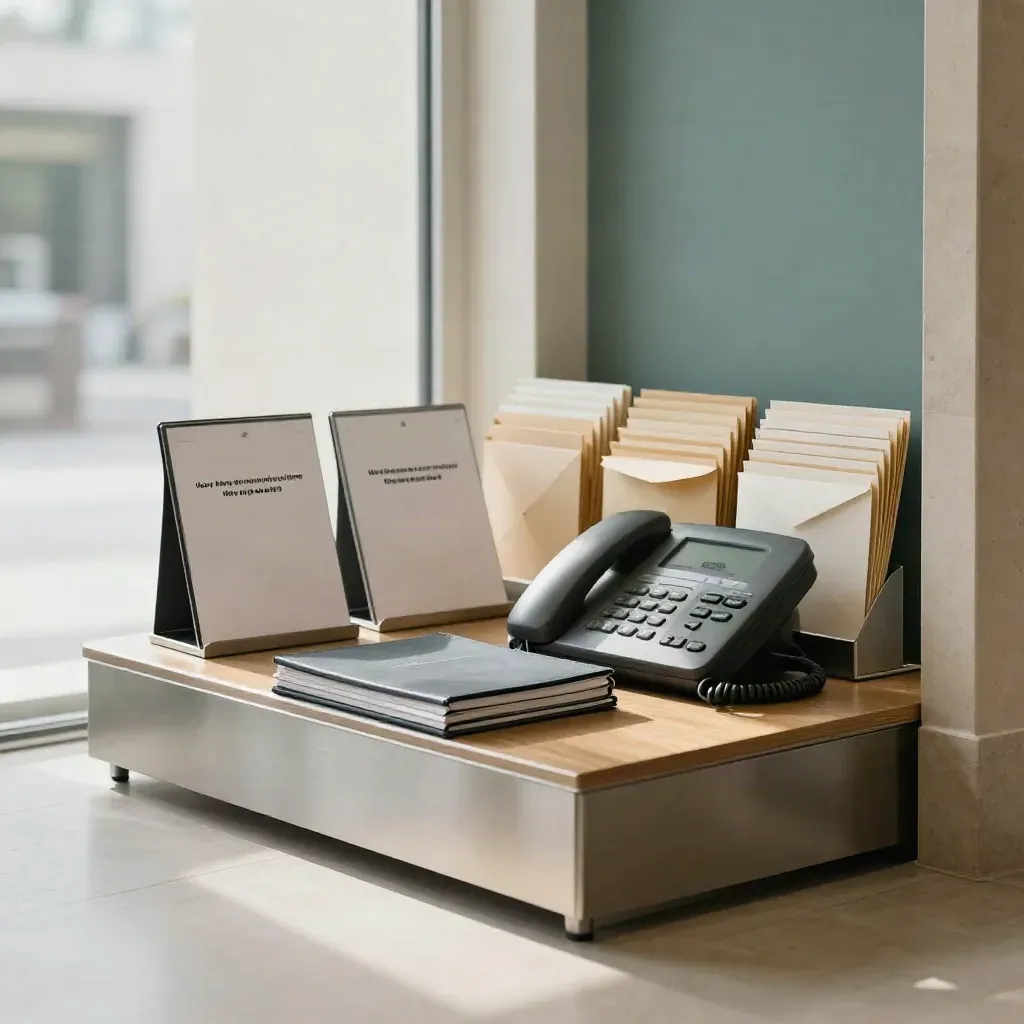 Recruitment nook with face-down placards, portfolio stack, phone and envelope sleeves in soft daylight.