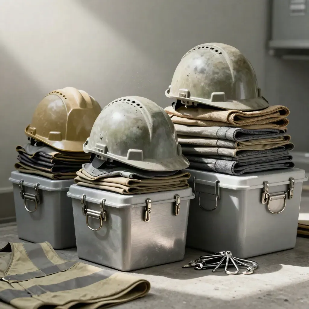 Stacked hard hats, hi-vis vests, sealed bins and lanyard hooks in a moody industrial vestibule.