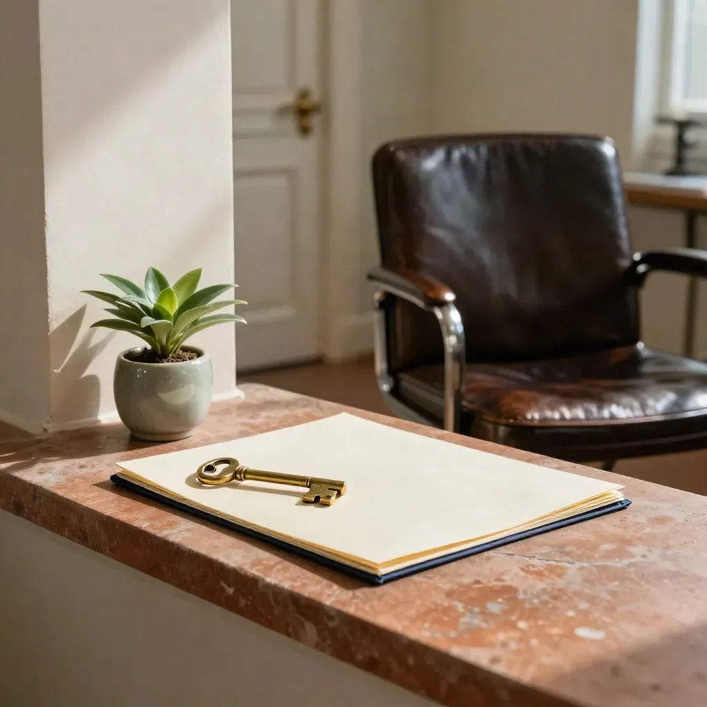 Brass keys, closed offer folder, plant, and leather chair in a warm office alcove.