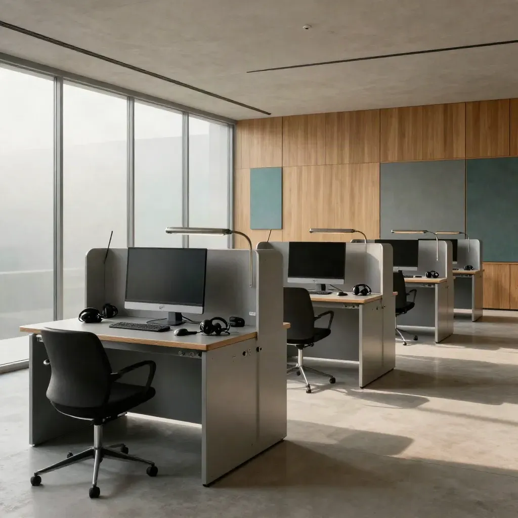 Empty SaaS sales floor with five desk pods, headsets, and chairs ready before launch.