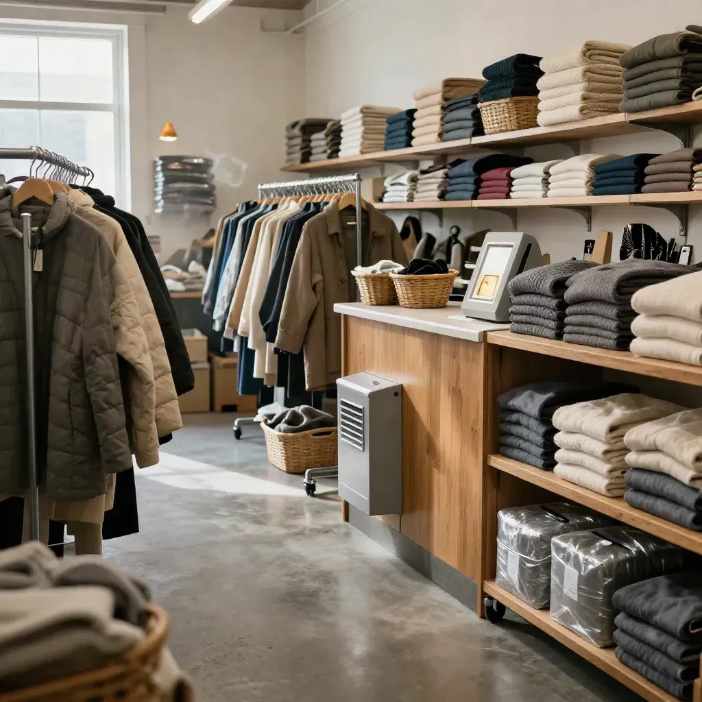 Backroom stocked with racks, baskets and lit registers in warm afternoon light.