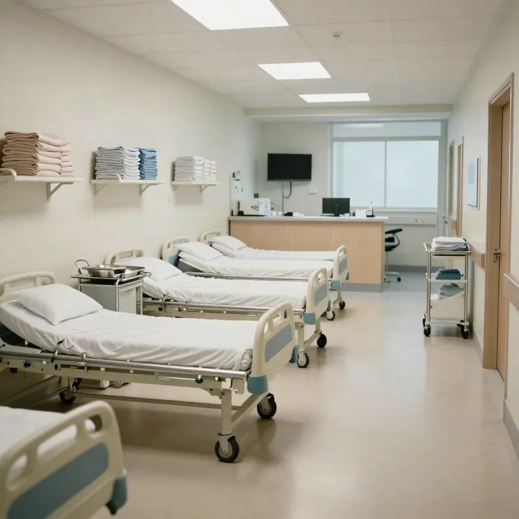 Empty clinic corridor with four made beds, supply carts and nurse station in soft daylight