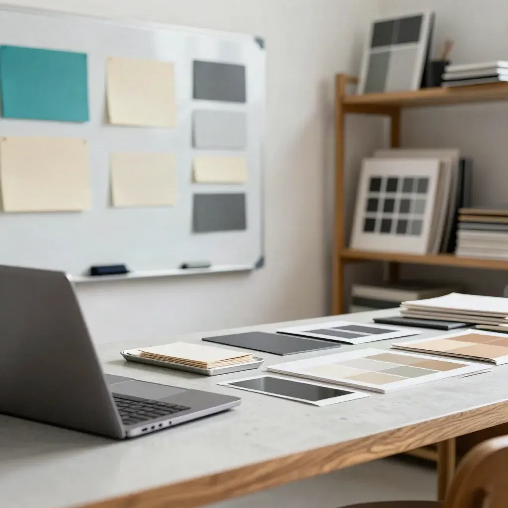 Creative agency bay with glowing laptop, swatches, sample shelf and turning whiteboard