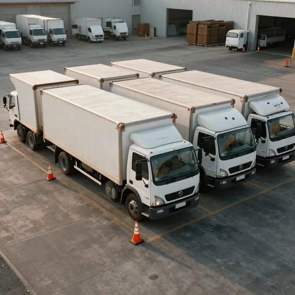 Ten delivery trucks lined up in a logistics yard with cones, dock doors and route bins.
