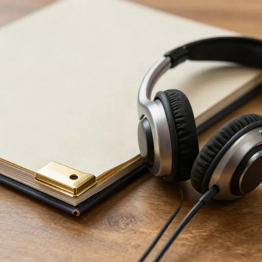 Macro still life of headset earcup, brass clip, folder edge, and phone cradle on warm oak.