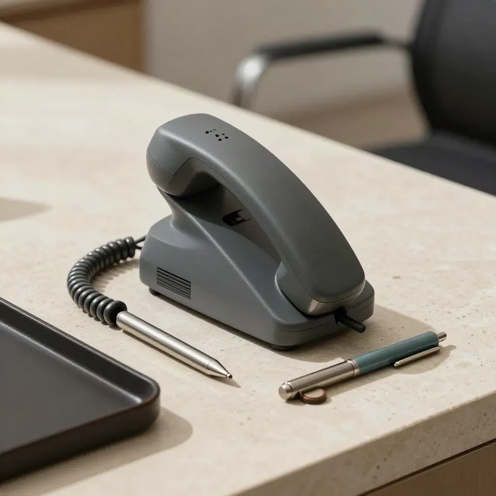 Phone cradle, face-down contact tokens, and a slim pen on stone in a dramatic recruitment still life.