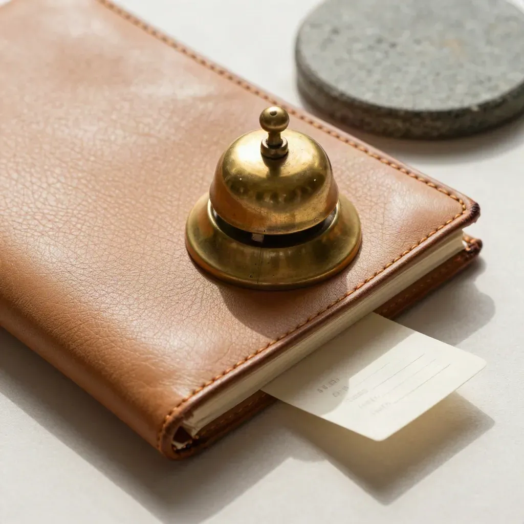Leather notebook, brass bell, stone coaster and folded tab on pale plaster, close-up