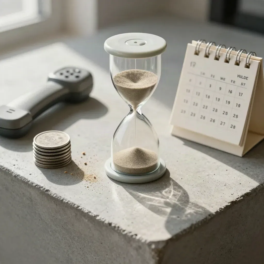 Top-down hourglasses, cube calendar, handset, and tokens on concrete in a precise scheduling still life