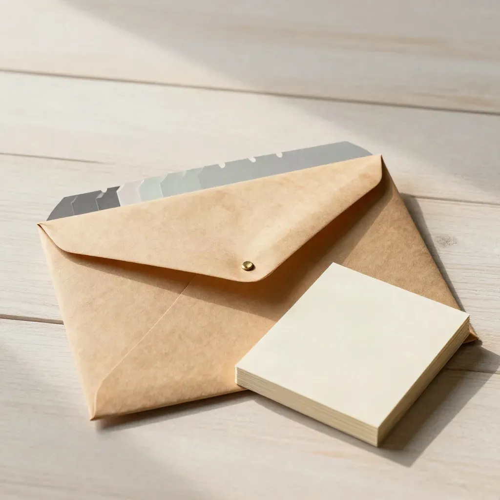 Kraft envelope, brass clip, tabs and note cards on pale wood