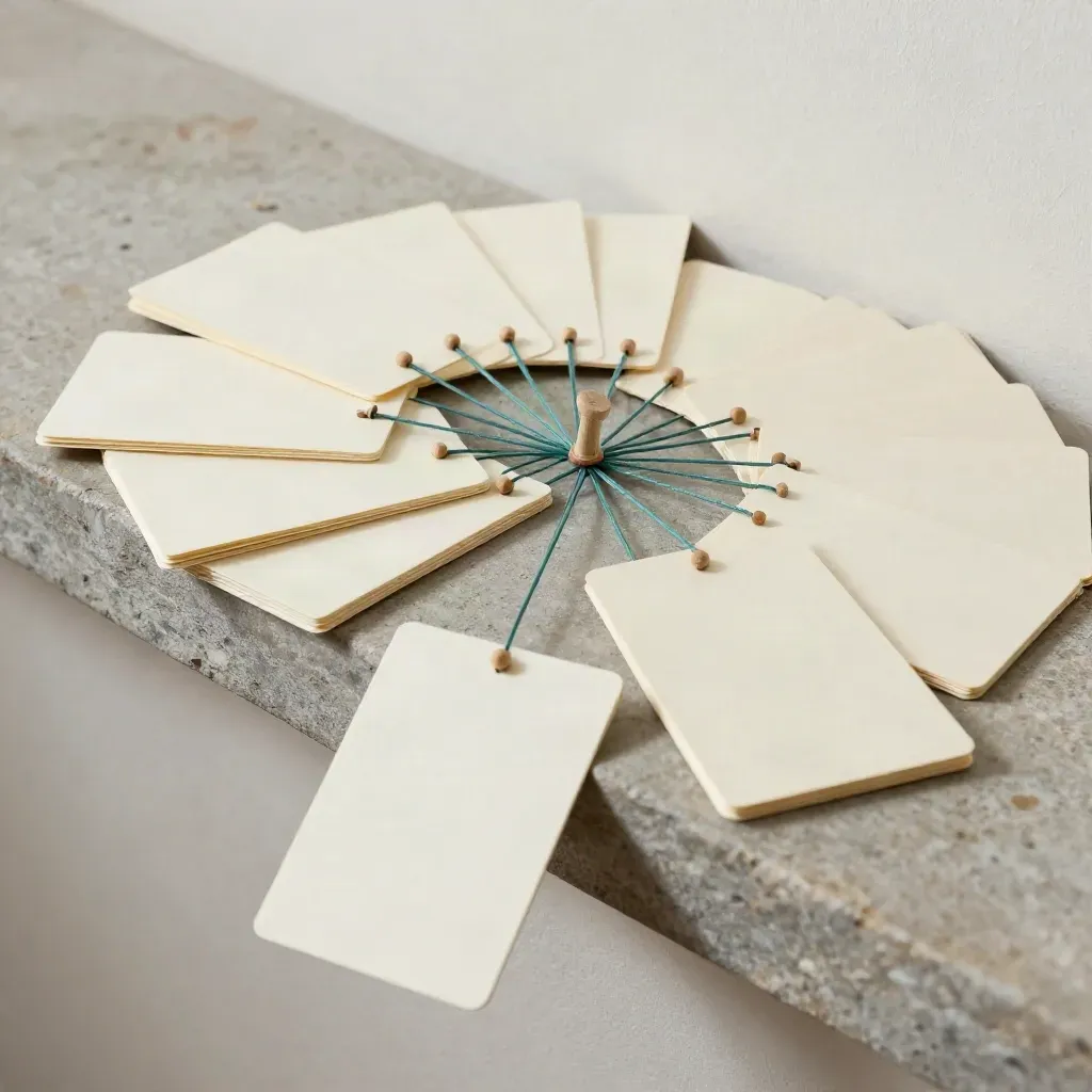 Blank cards linked by teal thread and pins on stone, expanding search map.