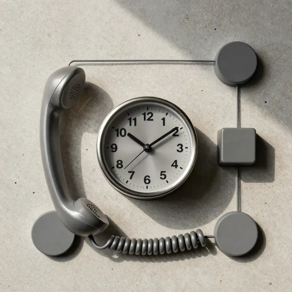 Overhead flatlay of a desk clock, calendar cubes, coiled cord and grey tokens on warm concrete.