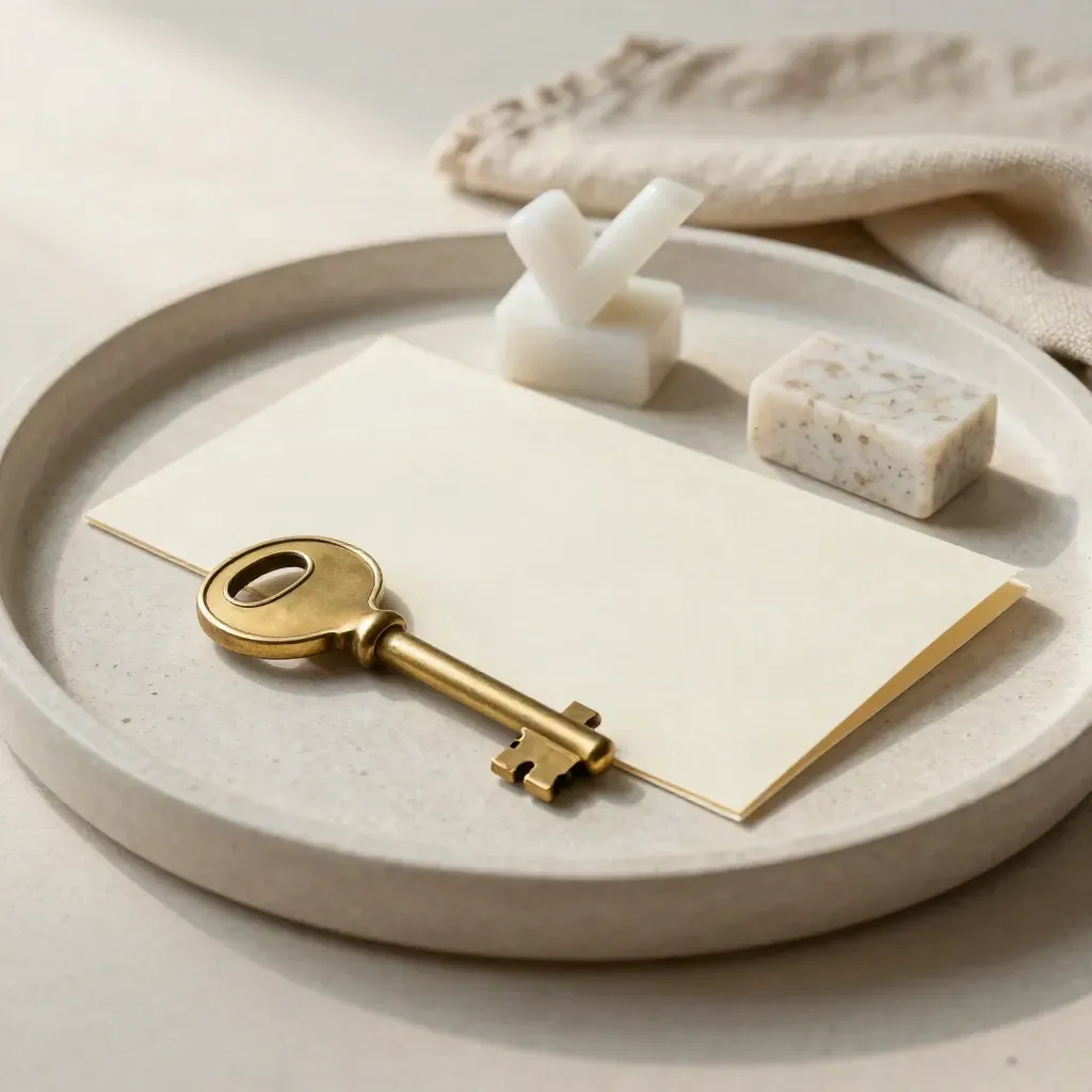 Brass key, offer folder, checkmark paperweight, and stone block on pale plaster.