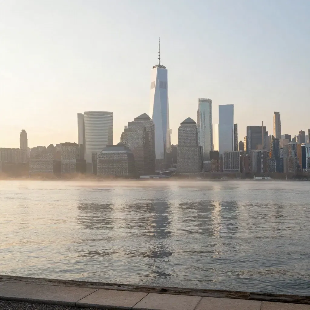 Hoboken waterfront sunrise with Manhattan towers rising through mist over the Hudson.