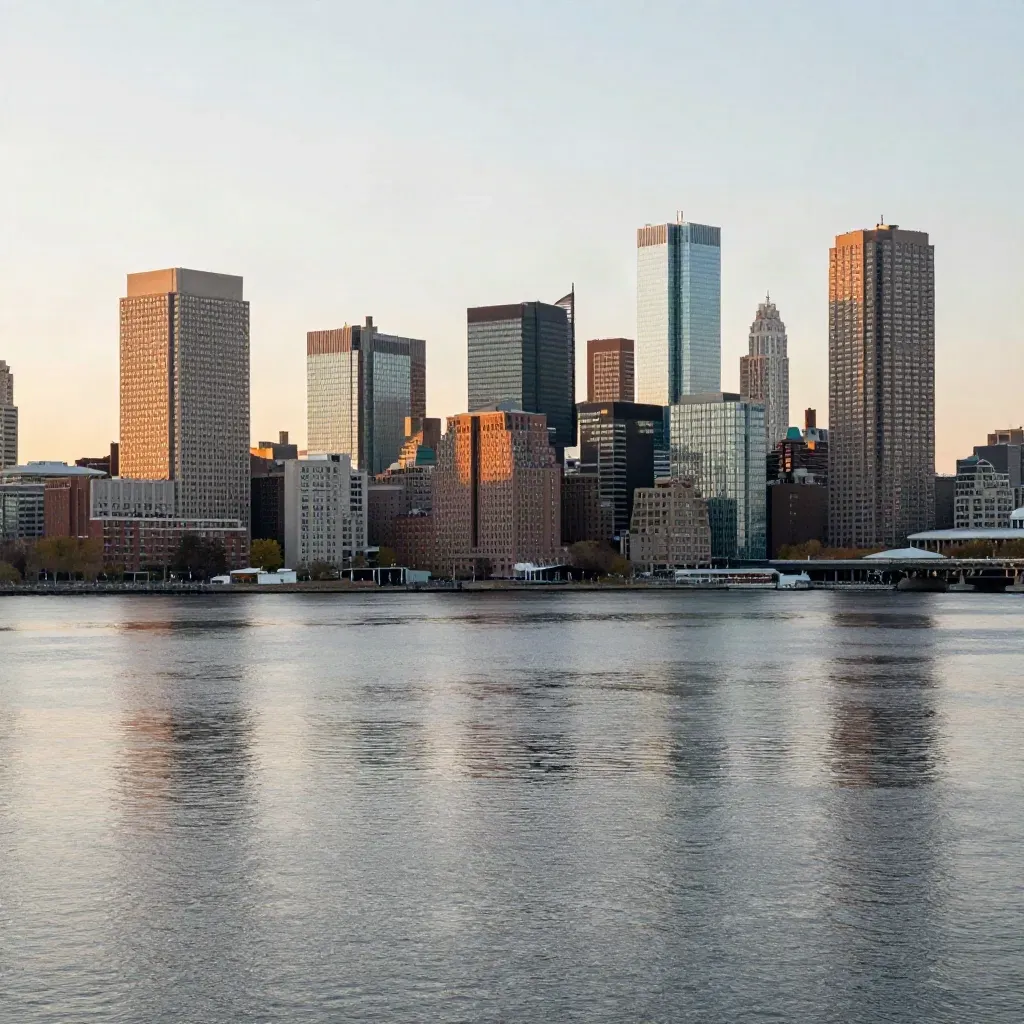 Boston skyline above the Charles River in warm golden haze.