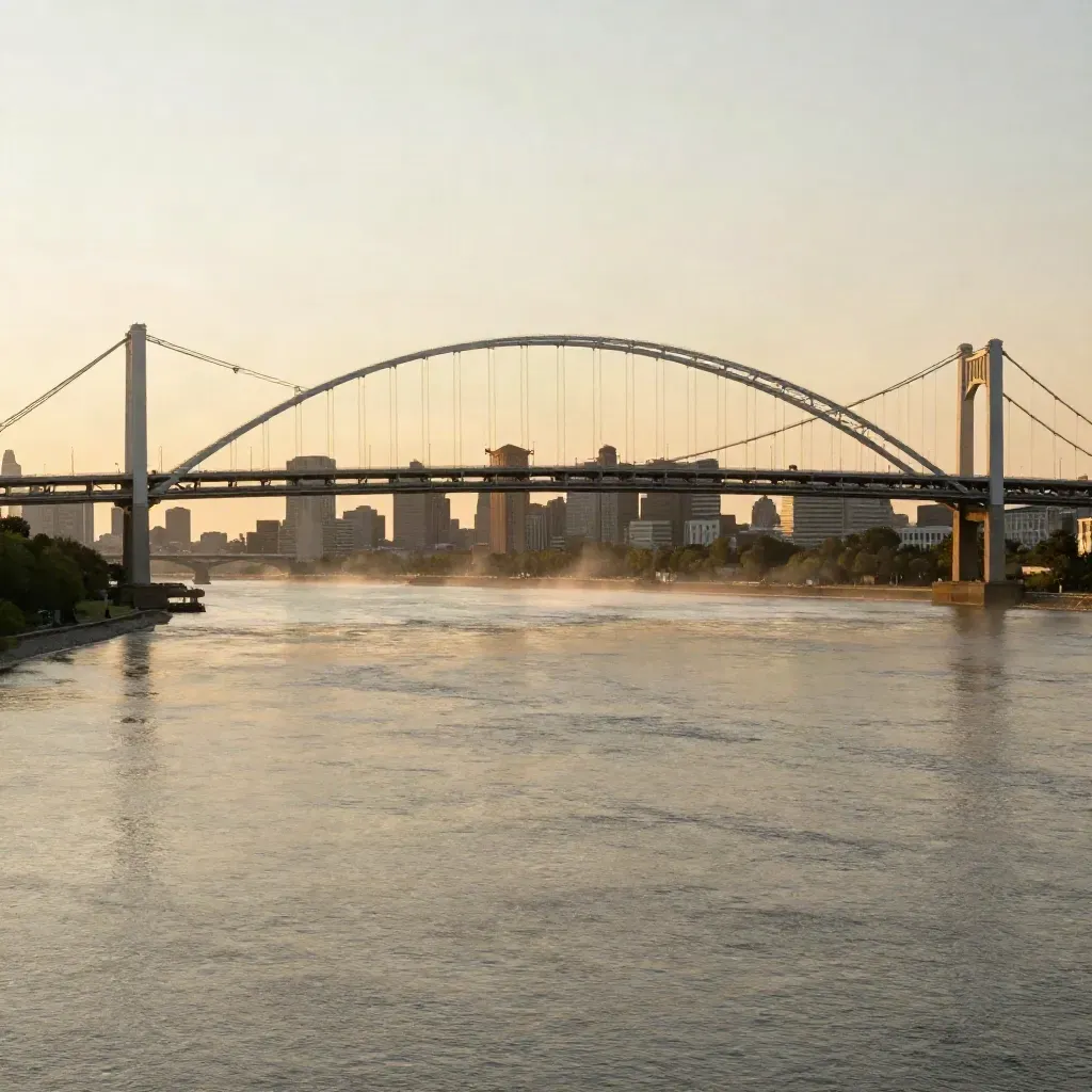Philadelphia bridge and skyline over a misty river at dusk
