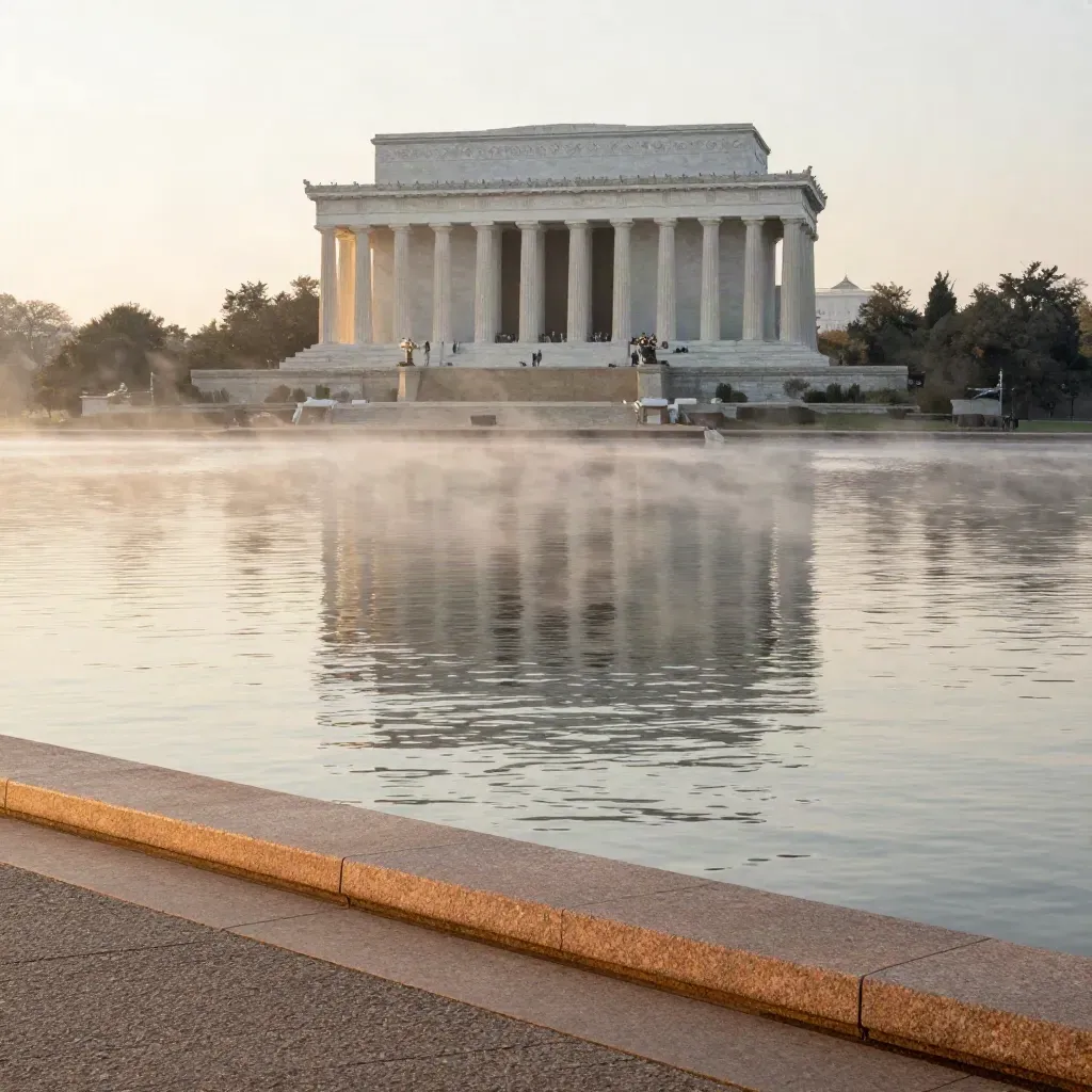 Lincoln Memorial over a misty Potomac basin with calm stone textures