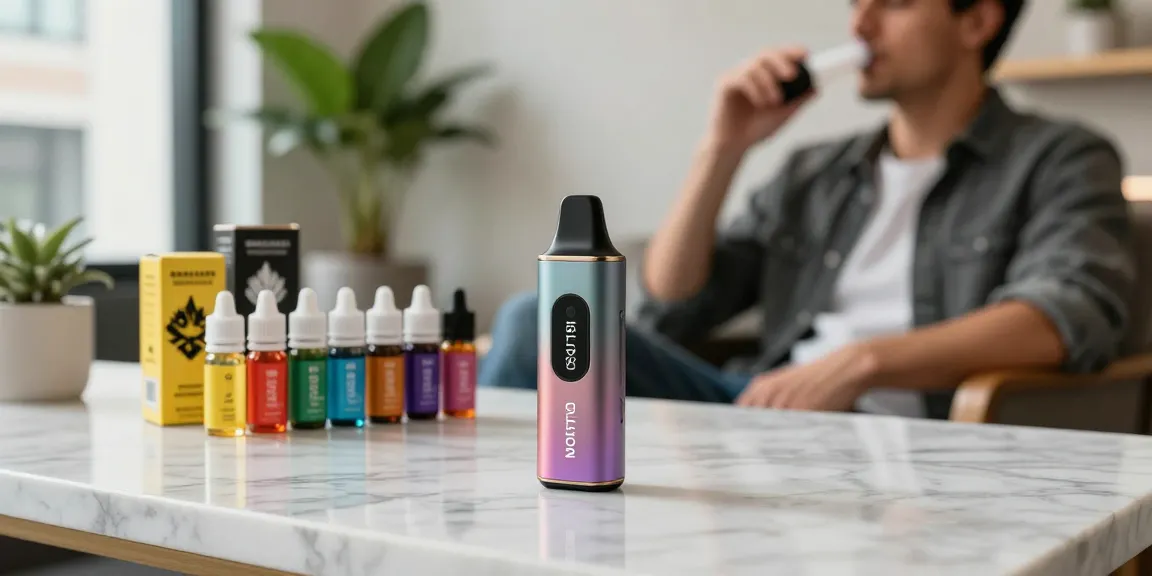 Boutiq Switch Orb V5 disposable vape showcased with vibrant cannabis oil cartridges in a modern lounge setting.