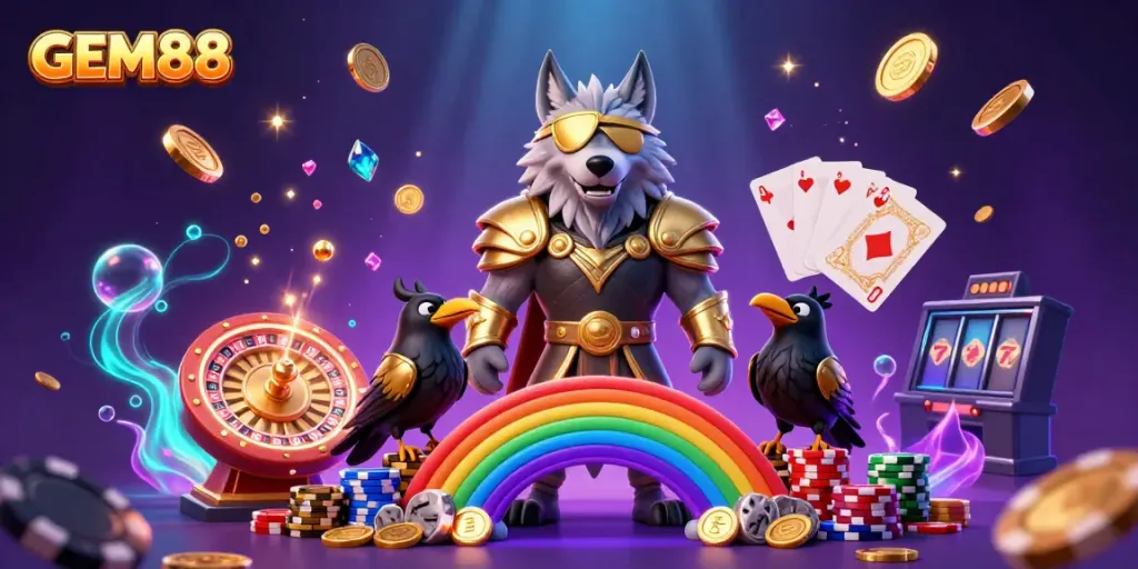 Experience the excitement of GEM88 with Odin and his ravens in a vibrant casino world.
