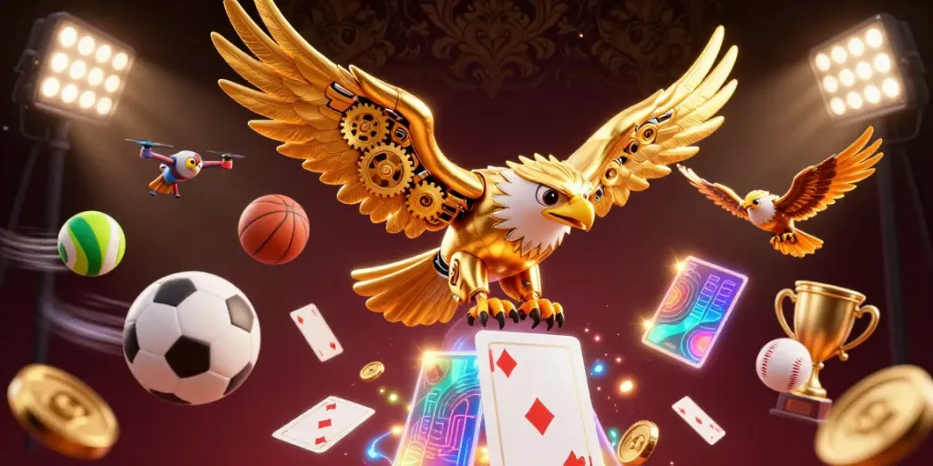 IDNSCORE sports betting scene featuring a cybernetic eagle and sporting elements in action.