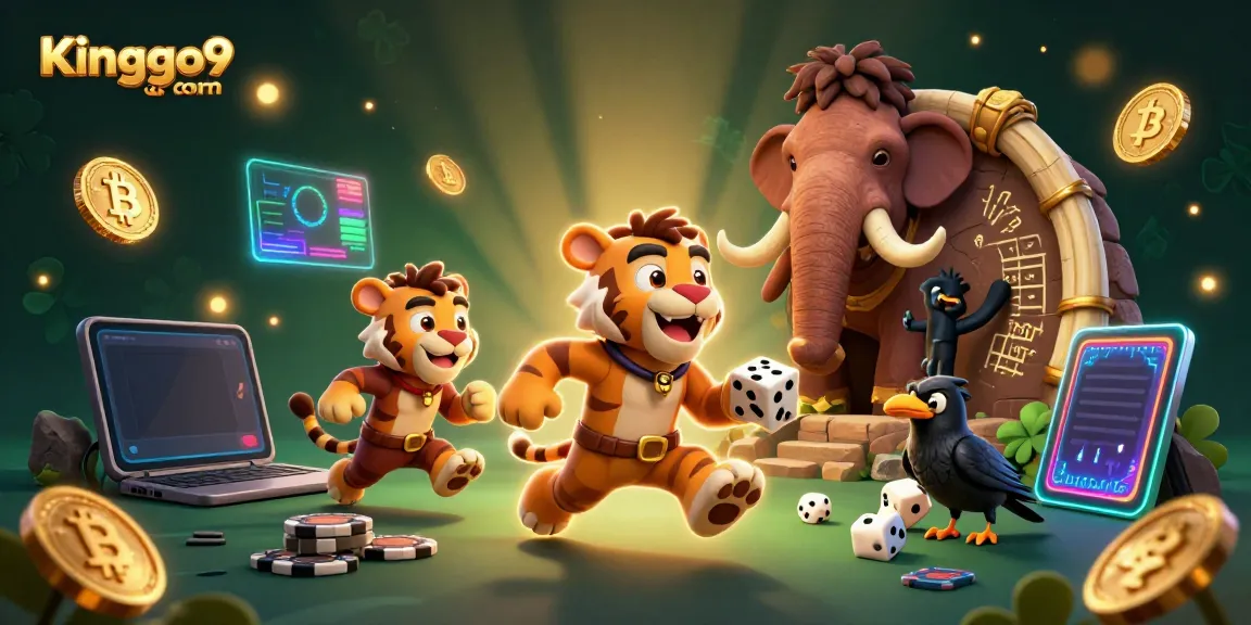 Engage in thrilling gameplay at Kinggo9 com with a vibrant casino scene featuring poker chips and neon coins.