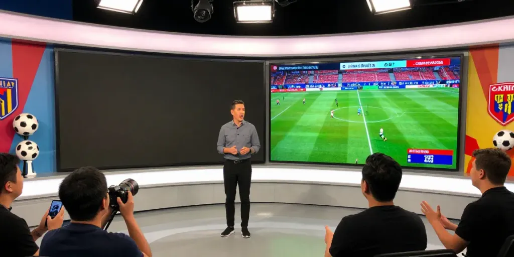 Presenter celebrating CAKHIATV high definition football broadcasts with clear video quality in a modern studio.