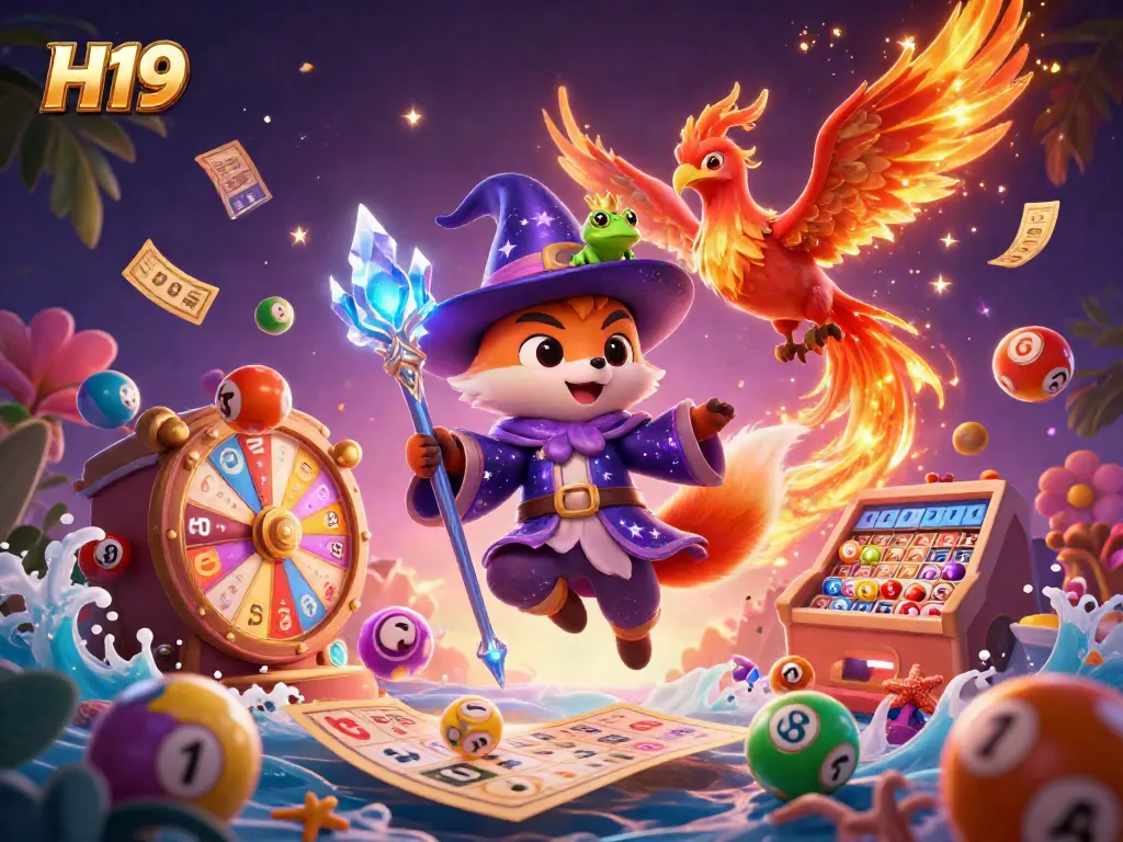 Participate in H19 gaming with an enchanting wizard fox, phoenix, and vibrant lottery elements.