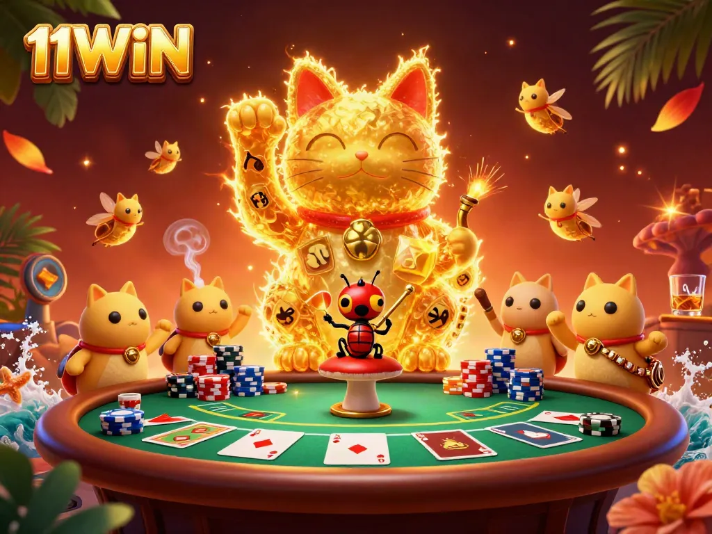 Experience immersive gameplay with 11WIN's lively golden lucky cat surrounded by vibrant casino elements.