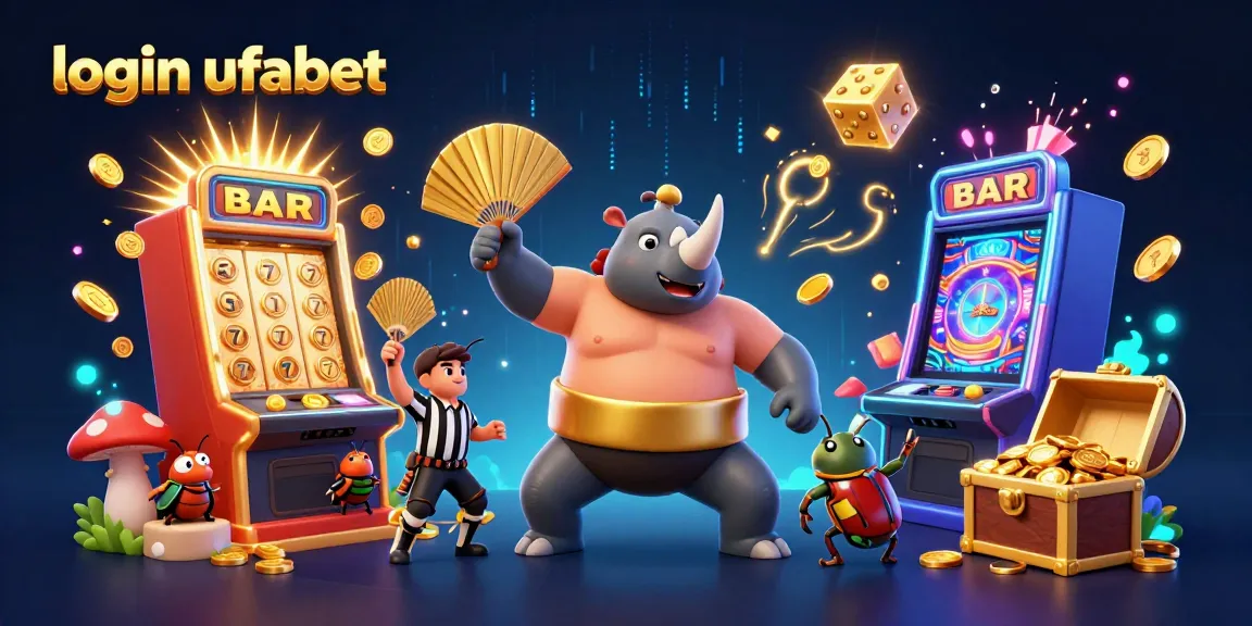 Join the excitement at login ufabet with a lively scene featuring a cartoon sumo champion, slot machines bursting, and vibrant casino elements.